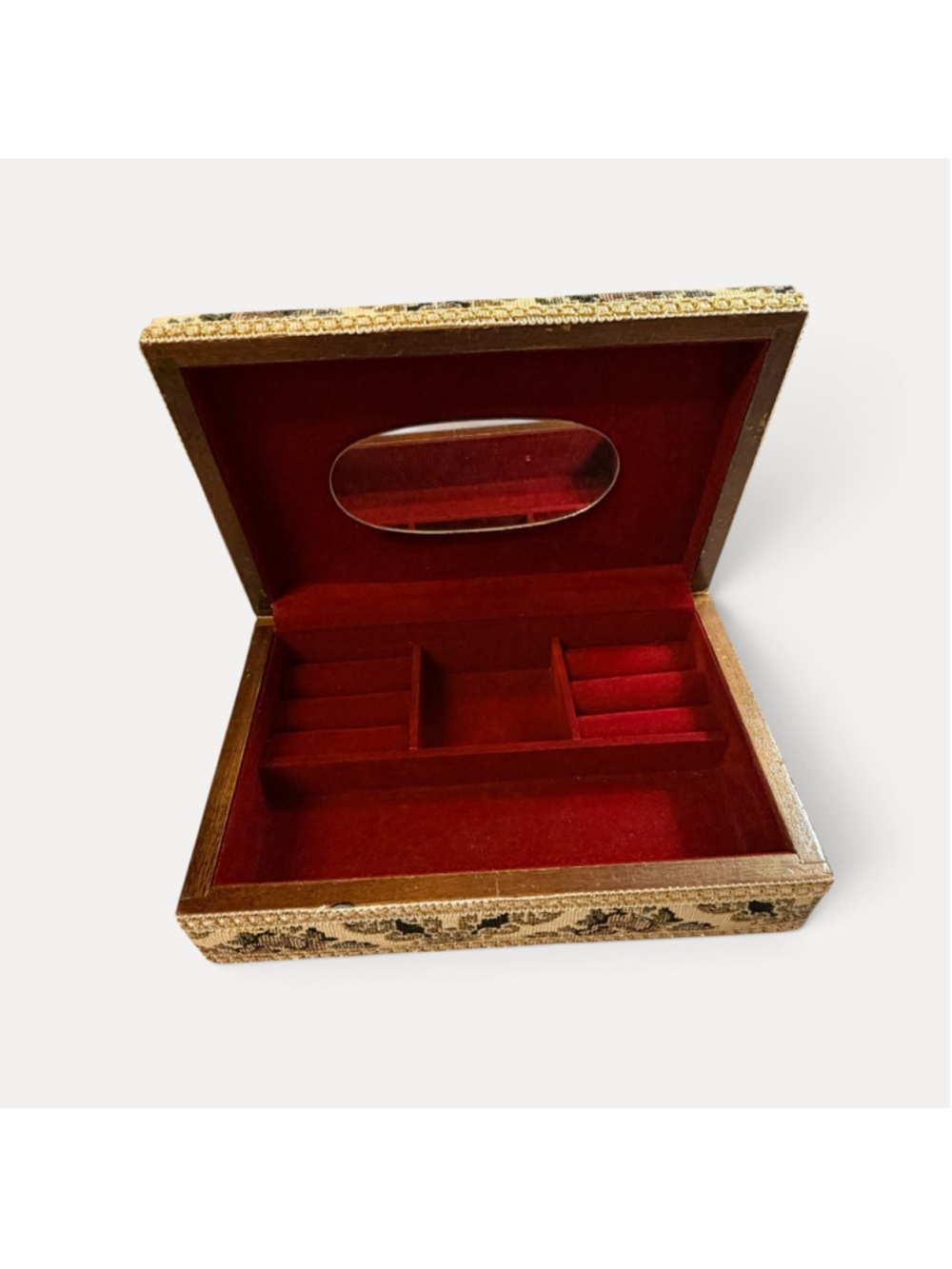 Vintage Floral Tapestry Jewelry Box Red Velvet Interior Mirror Gold Trim - Picture 2 of 16